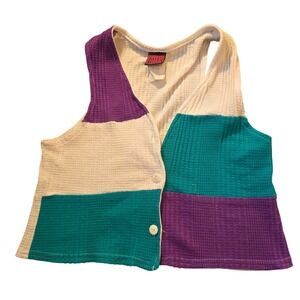 Freeze Frame Color Block Vest Sleeveless Top Waffle Knit Purple Teal Beige